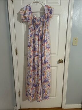 Peach Love California Lavender and Peach Floral Maxi Dress with Puff Sleeves